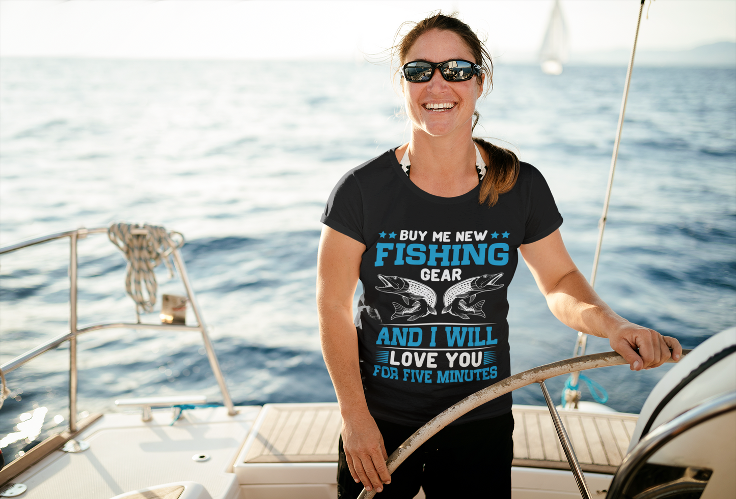 Buy Me New Fishing Gear and I’ll Love You for Five Minutes T-Shirt – Funny Fishing Shirt for Men – Perfect Gift for Anglers & Gear Junkies