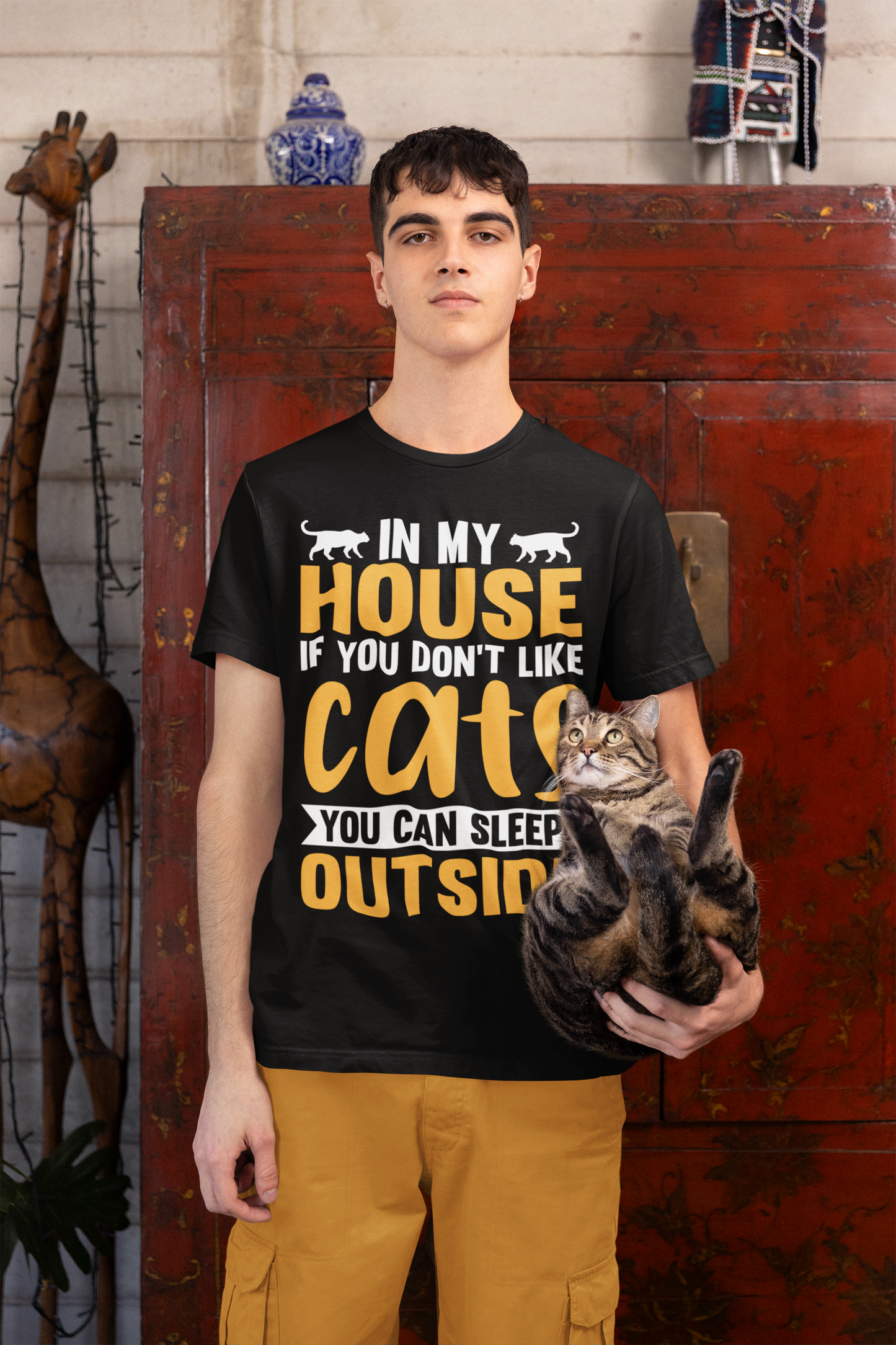 Funny Cat Lover T-Shirt – “In My House If You Don’t Like Cats You Can Sleep Outside” Tee – Bold Statement Shirt for Cat Owners & Pet Parents