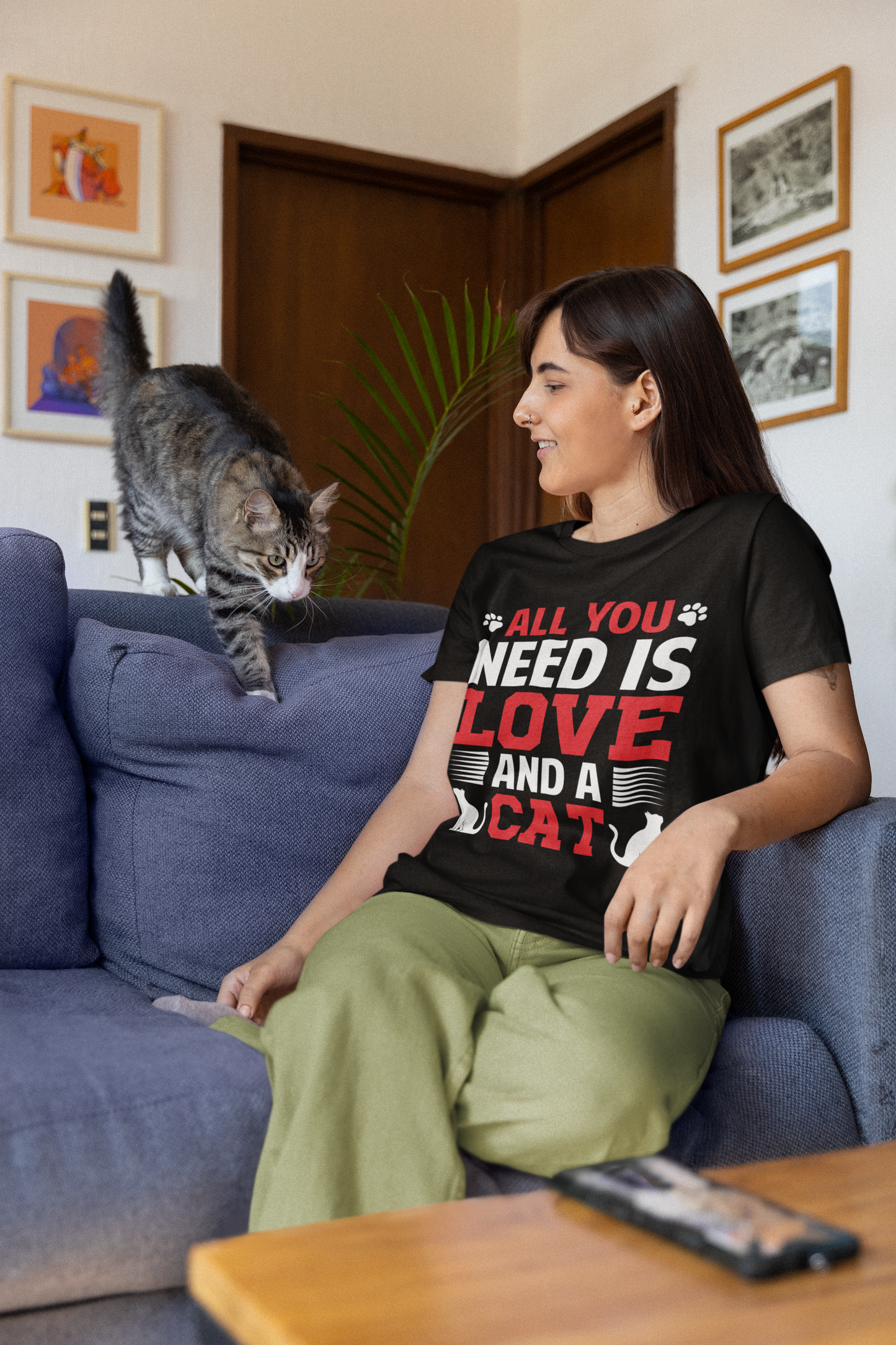 All You Need Is Love and a Cat T-Shirt – Funny Cat Lover Tee for Women & Men – Cute Pet Owner Shirt with Paw Prints & Kitty Silhouettes
