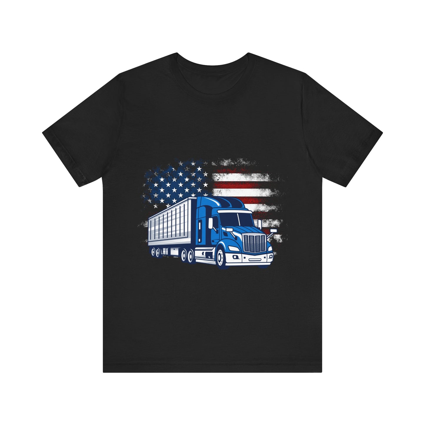 American Flag Trucker T-Shirt – Red White and Blue USA Flag with Blue Semi-Truck Graphic Tee – Patriotic Shirt for Men