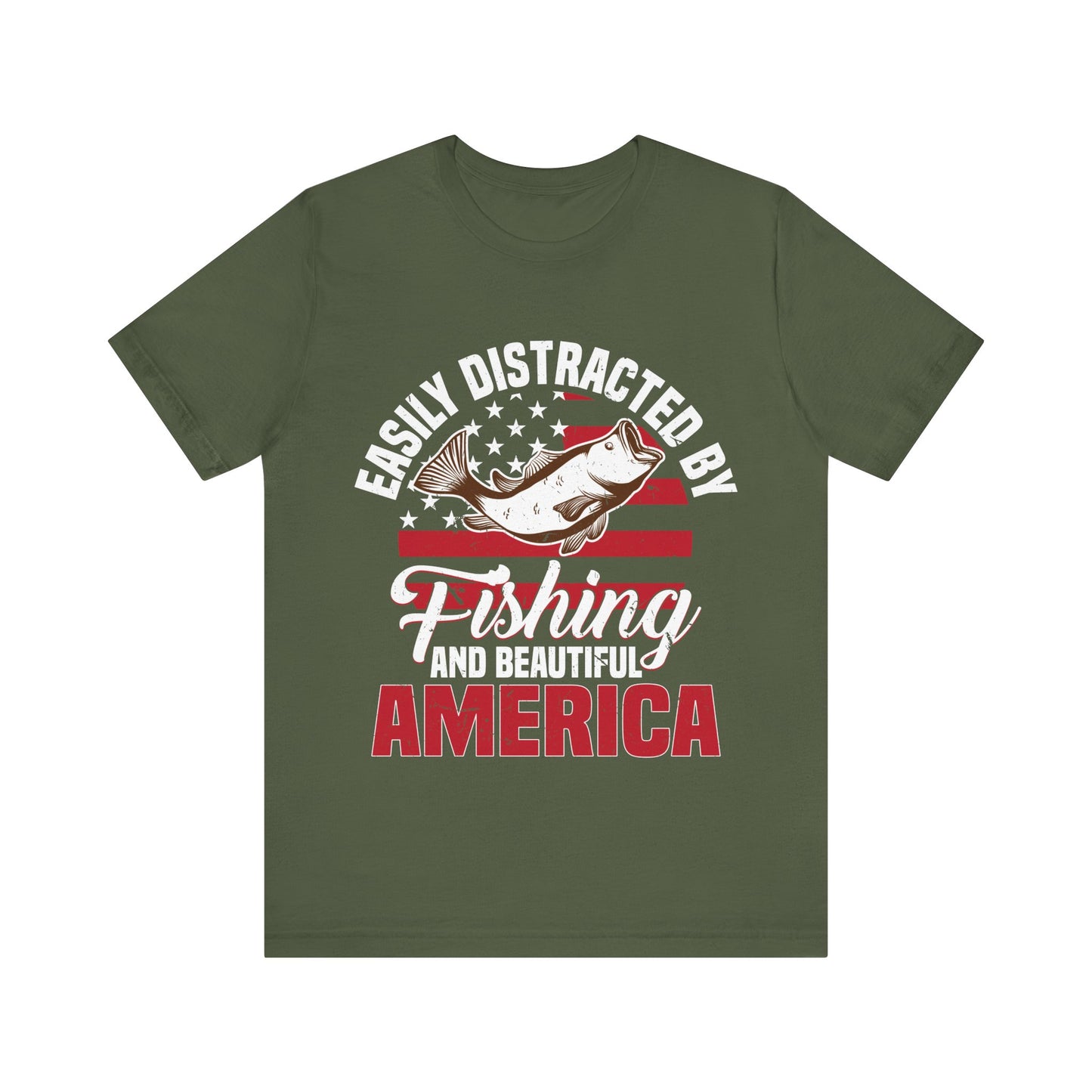 Easily Distracted by Fishing and Beautiful America T-Shirt – Patriotic Bass Fishing Tee for Men, Dads & Outdoorsmen – USA Flag Graphic Shirt