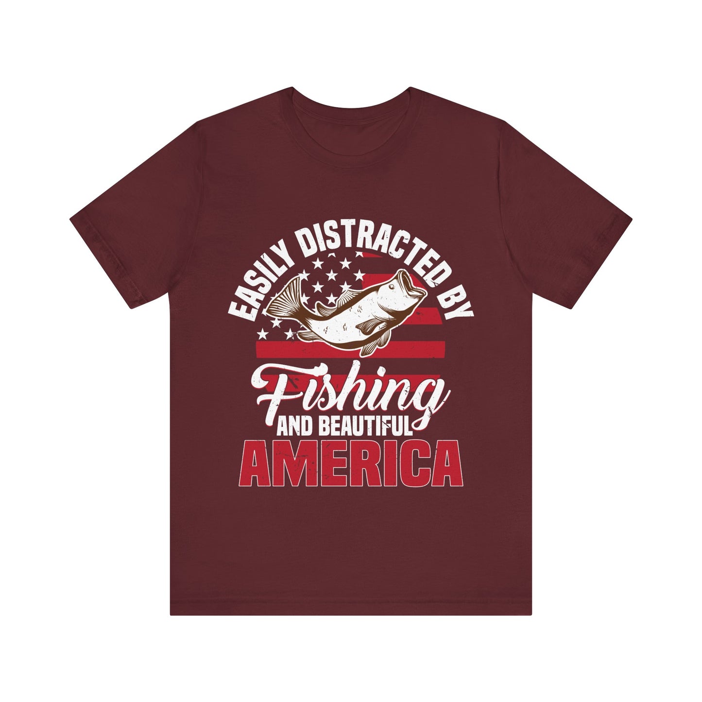 Easily Distracted by Fishing and Beautiful America T-Shirt – Patriotic Bass Fishing Tee for Men, Dads & Outdoorsmen – USA Flag Graphic Shirt