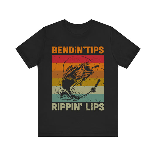 Bendin’ Tips and Rippin’ Lips T-Shirt – Funny Bass Fishing Shirt for Men – Jumping Largemouth Bass Graphic Tee for Anglers