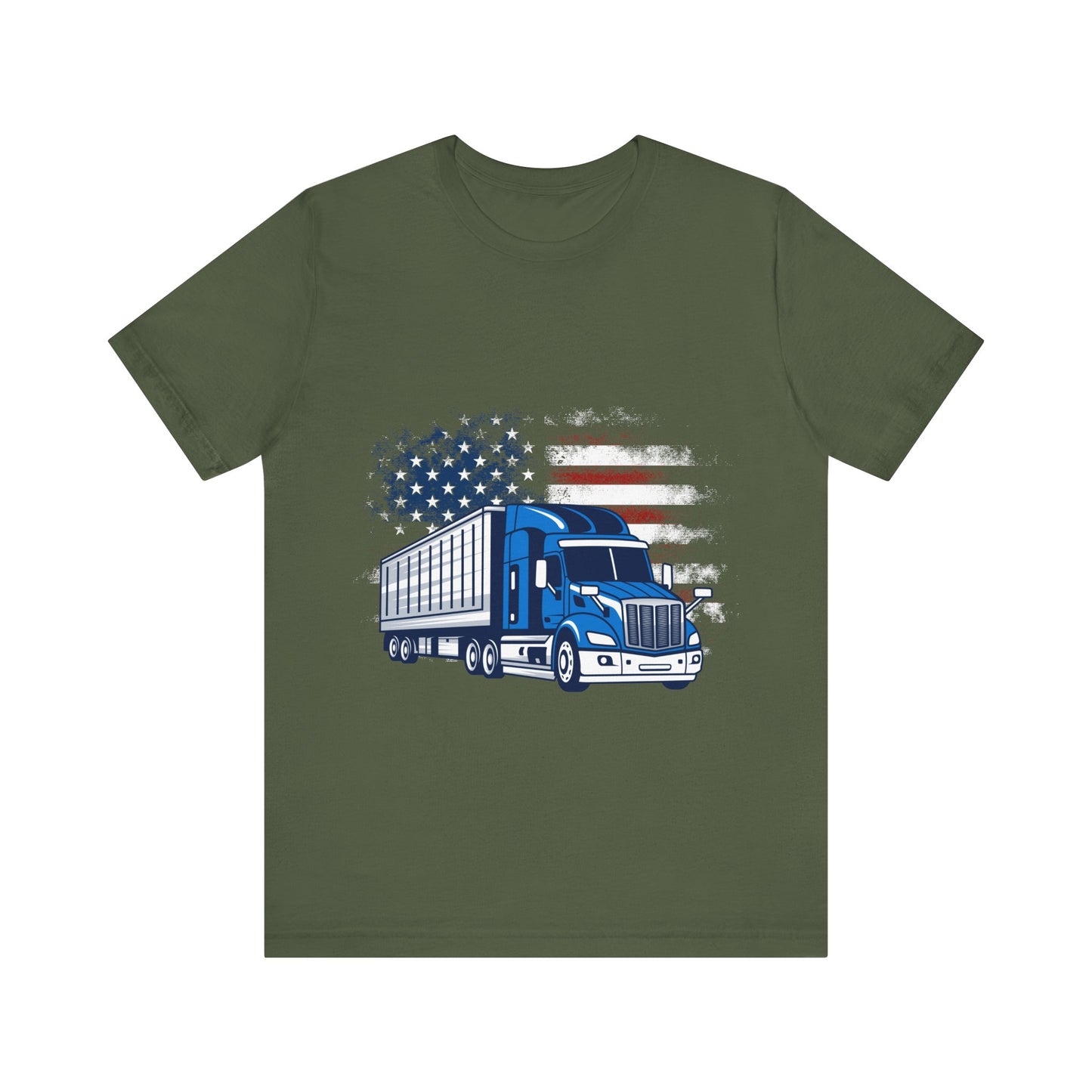 American Flag Trucker T-Shirt – Red White and Blue USA Flag with Blue Semi-Truck Graphic Tee – Patriotic Shirt for Men