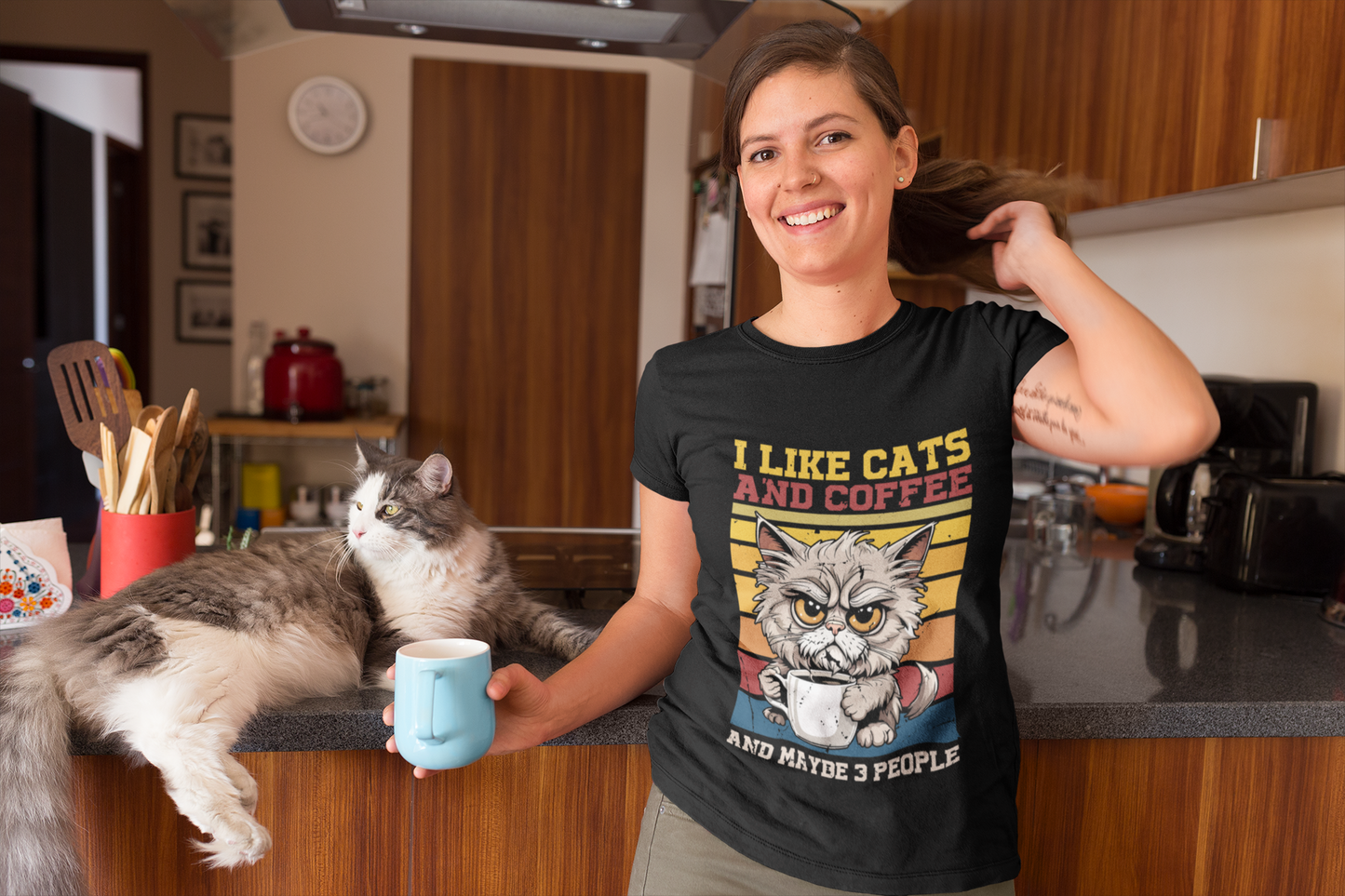 I Like Cats and Coffee and Maybe 3 People T-Shirt – Funny Grumpy Cat Lover Tee – Sarcastic Introvert Shirt for Pet & Caffeine Addicts