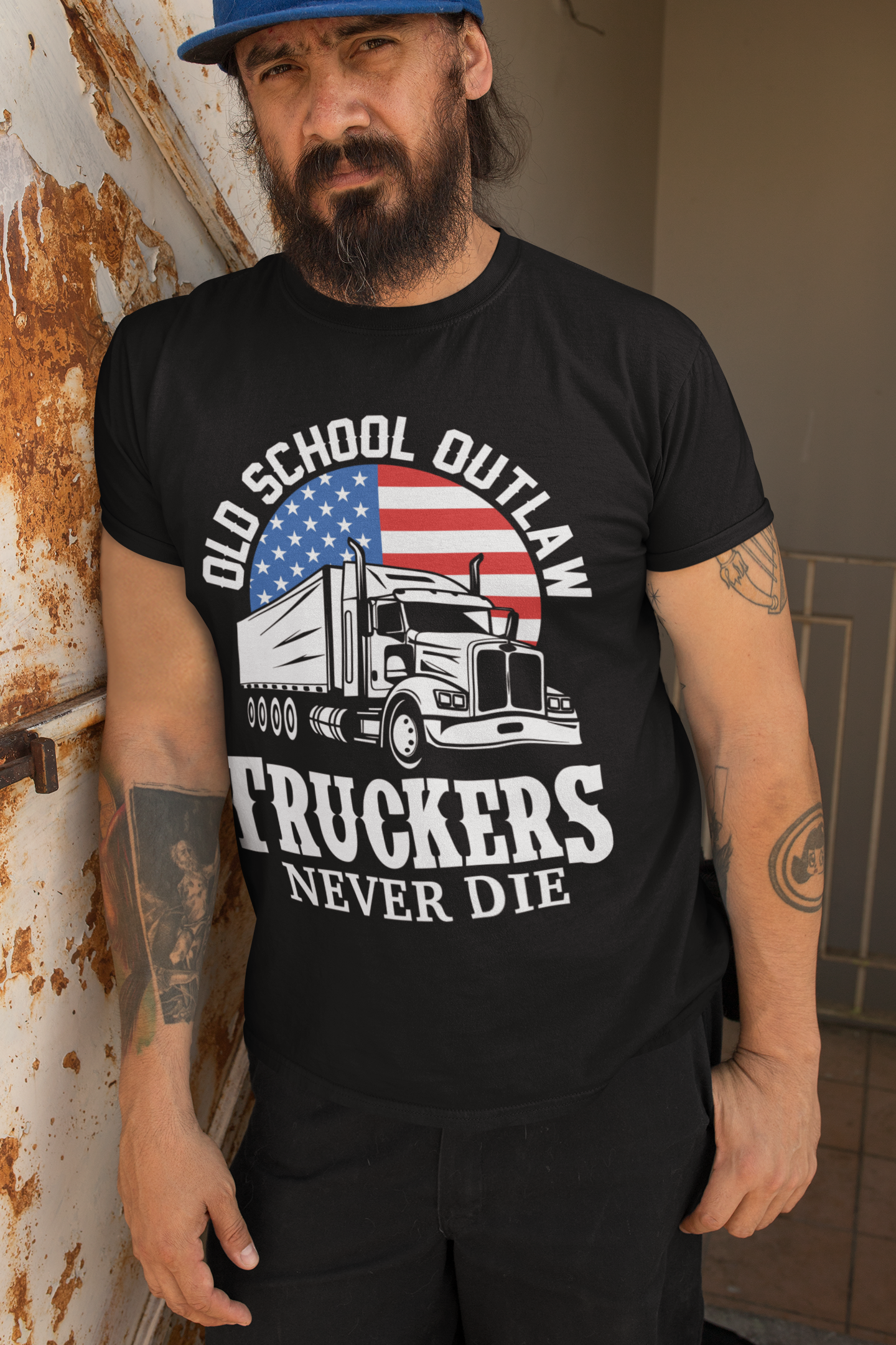 Outlaw Truckers Never Die T-Shirt – Patriotic Semi-Truck Graphic Tee for Men – Red White and Blue Trucker Shirt