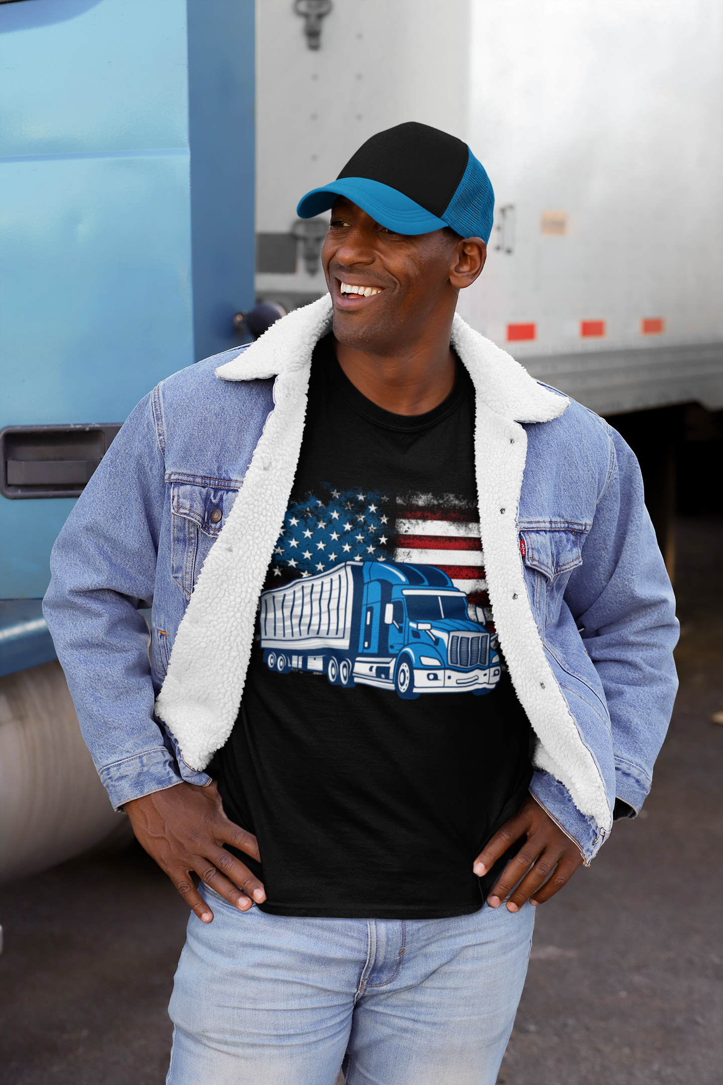 American Flag Trucker T-Shirt – Red White and Blue USA Flag with Blue Semi-Truck Graphic Tee – Patriotic Shirt for Men