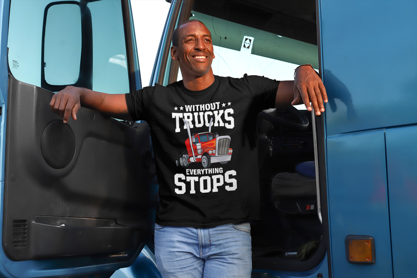 Without Truckers Everything Stops T-Shirt – Red Semi-Truck Cartoon Graphic Tee – Trucker Shirt for Men