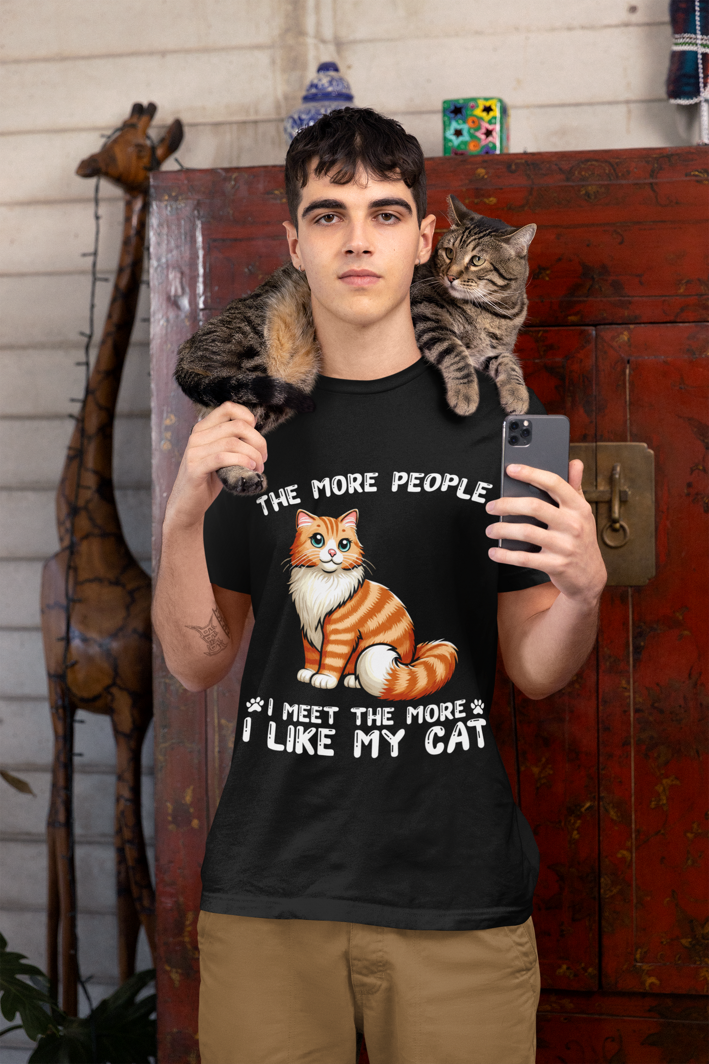 Funny Cat T-Shirt – The More People I Meet, The More I Like My Cat – Orange Tabby Cat Lover Tee – Garfield Style Humor Shirt for Cat Moms & Dads