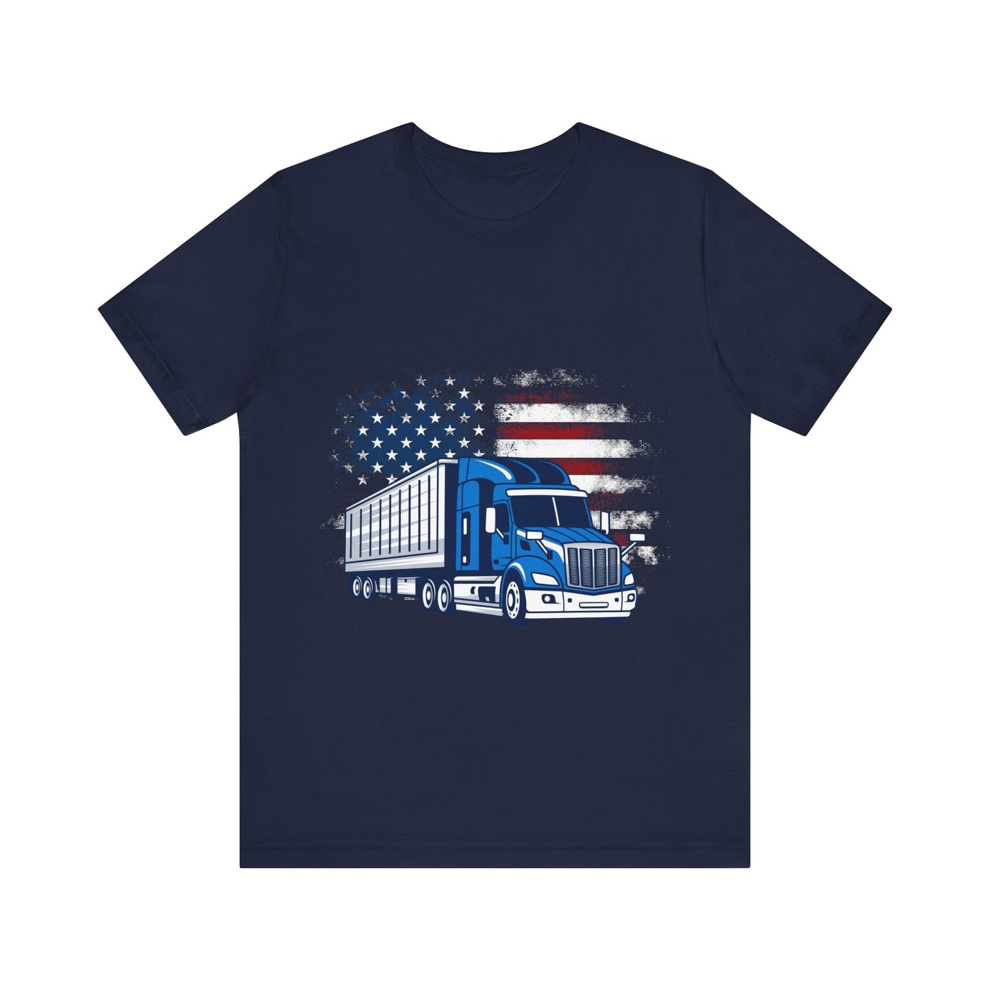 American Flag Trucker T-Shirt – Red White and Blue USA Flag with Blue Semi-Truck Graphic Tee – Patriotic Shirt for Men