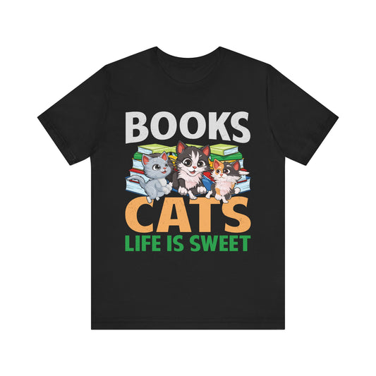 Books Cats Life Is Sweet T-Shirt – Cute Cat and Book Lover Shirt – Funny Gift for Readers and Pet Owners